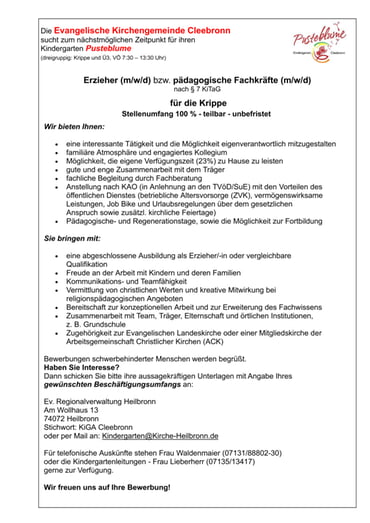 Stellenausschreibung Kindergarten Pusteblume - Krippe 100%