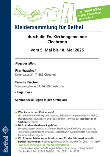 Kleidersammlung für Bethel vom 5. Mai bis 10. Mai 2025